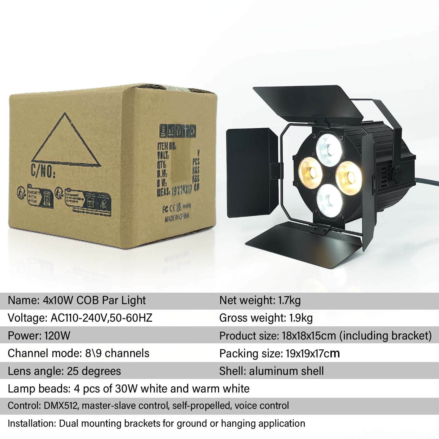 4X30W WW and CW COB 2IN1 Par Light with Barn Doors